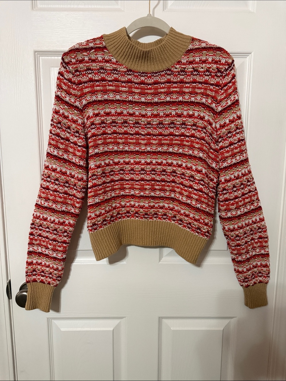 Ann Taylor Red Multicolor Knit Crewneck with Tan Trim
